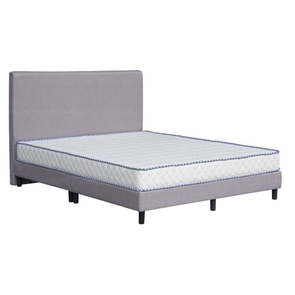 A grey upholstered bed frame with a simple and plain design of headboard and black legs