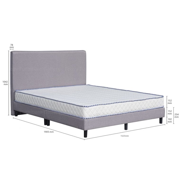 A grey upholstered bed frame with a simple and plain design of headboard and black legs