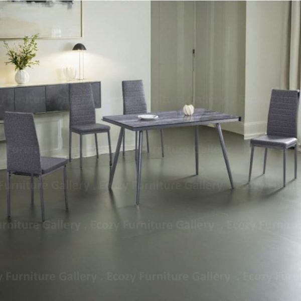 The dining set featuring a modern design with four dining chairs and a tempered glass dining table,set in a contemporary room with soft lighting