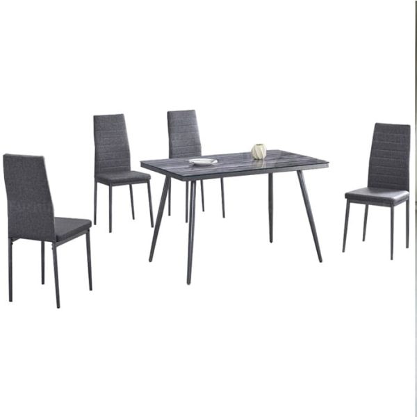 The dining set featuring a modern design with four dining chairs and a tempered glass dining table