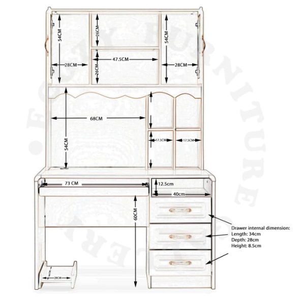 The dimension and internal compartment of Ivory Colour Study / Computer Table with top shelf, keyboard tray and CPU Tray