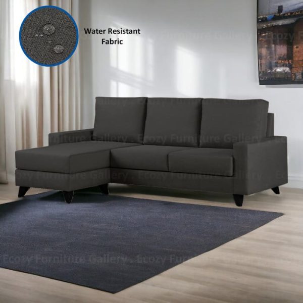 L-Shape Water resistant Fabric Sofa with grey carpet in a bright living room