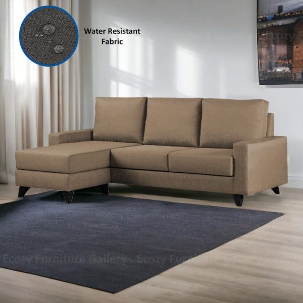 L-Shape Water resistant Fabric Sofa with grey carpet in a bright living room