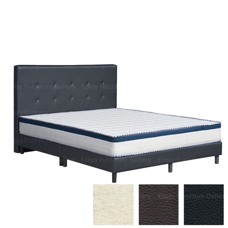 Dark brown color faux leather divan bed frame featuring a orthopedic mattress, and black color plastic leg