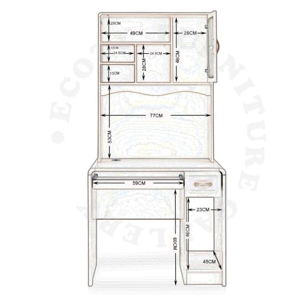 The dimension and internal compartment of Study / Computer Table with top shelf, and Keyword Tray