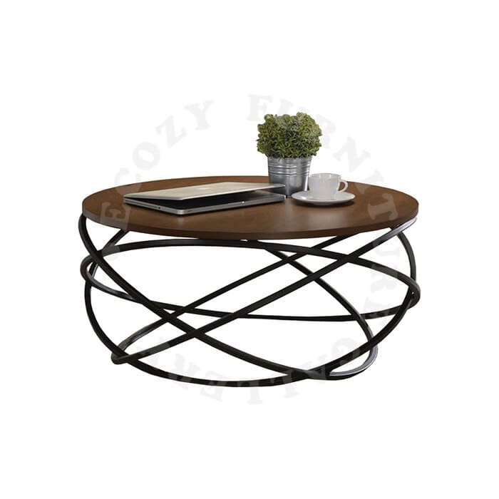 Round Wooden Top Coffee Table come with black metal leg for Living Room