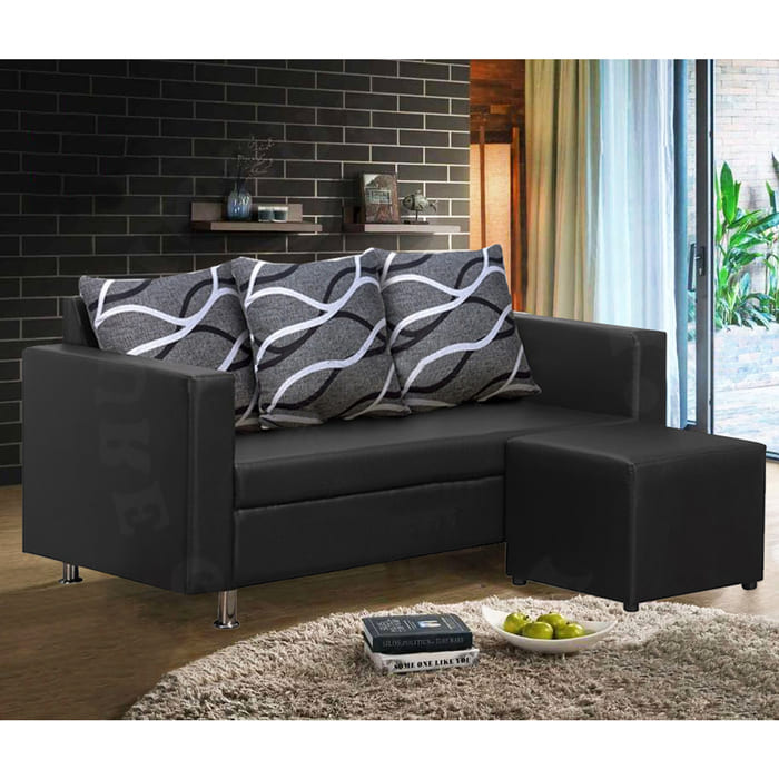 3-Seater Faux leather sofa frame come with fabric back rest cushion and ottoman