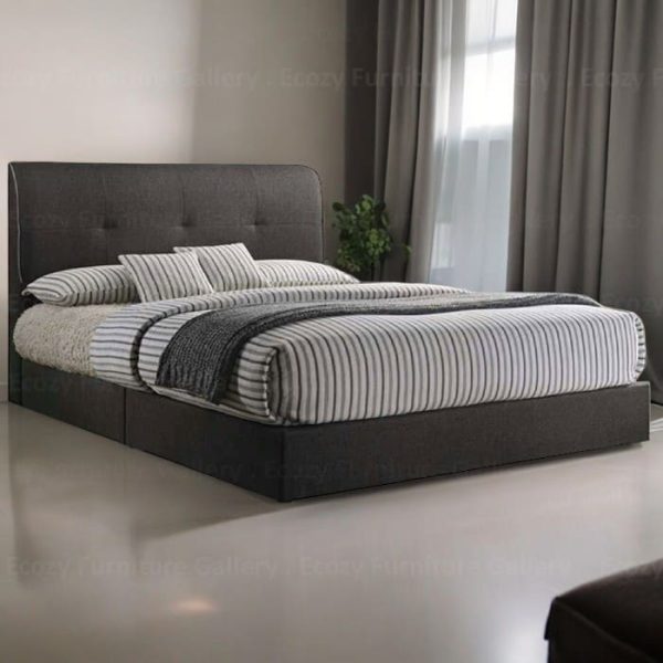 A modern divan bed upholstered in grey color faux leather, it is features a sleek design with a simple and plain headboard