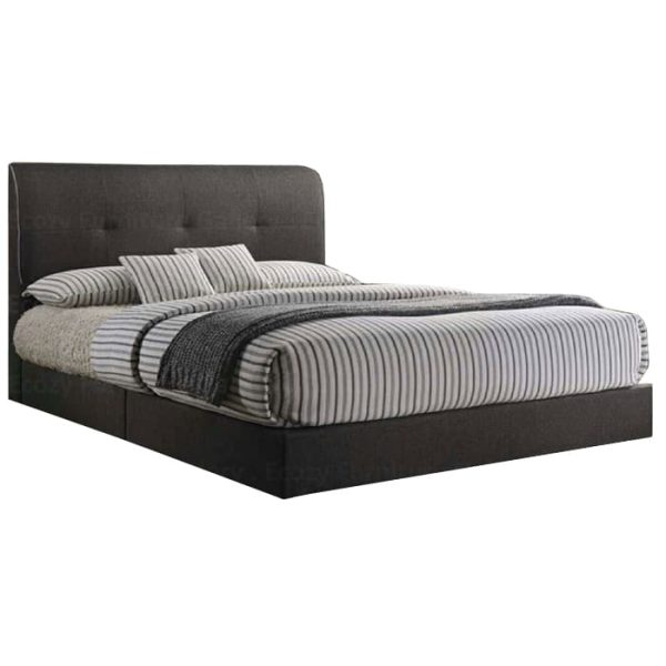 A modern divan bed upholstered in grey color faux leather, it is features a sleek design with a simple and plain headboard