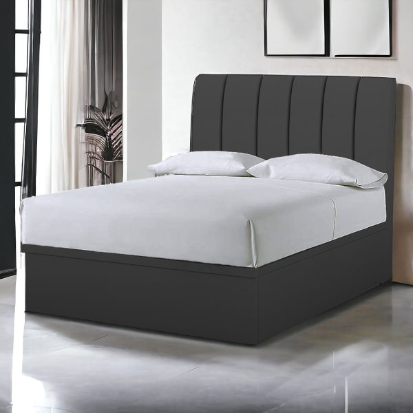 Storage Bed Singapore - a elegant design of storage bed frame with white sheets on a grey floor, with a modern bedroom in the backgroud