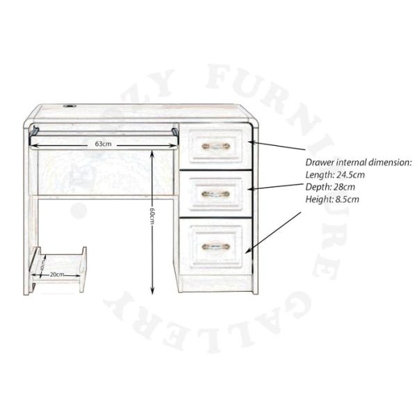 The dimension of Ivory Colour Study / Computer Table with CPU Tray and drawers