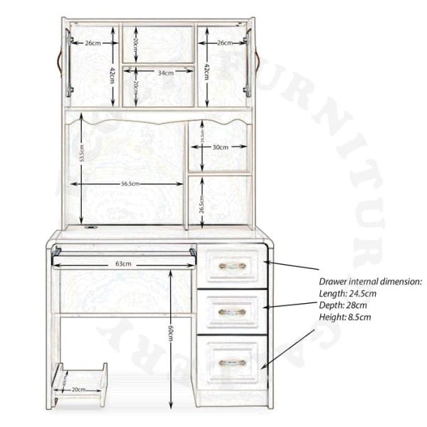 The internal compartment and dimension of Ivory Colour Study / Computer Table with top shelf