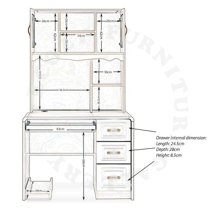 The internal compartment and dimension of Ivory Colour Study / Computer Table with top shelf