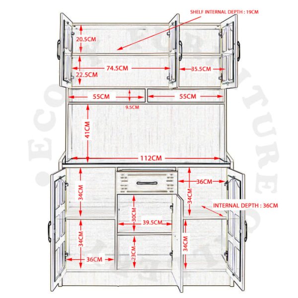 The dimension and internal compartment of tempered Glass Top Kitchen Cabinet with top shelf