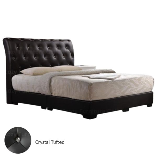 A black upholstered bed frame with a slightly curved, tufted crystal headboard and black legs