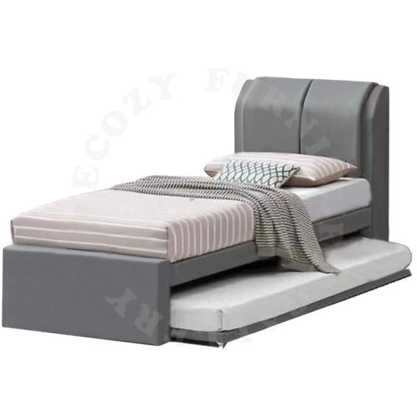 a grey color of 3 in 1 bed frame with a single size of pull out bed and elegance headboard design