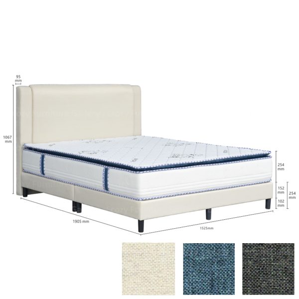 Beige color fabric divan bed frame featuring a orthopedic mattress, and black color plastic leg