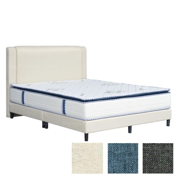 Beige color fabric divan bed frame featuring a orthopedic mattress, and black color plastic leg