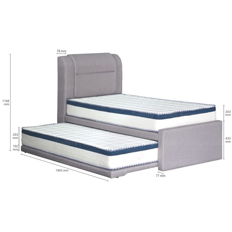 A light grey 3-in-1 bed frame featuring a mattress, and a single pull out bed for extra sleeping space