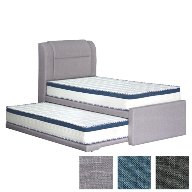 A light grey 3-in-1 bed frame featuring a mattress, and a single pull out bed for extra sleeping space