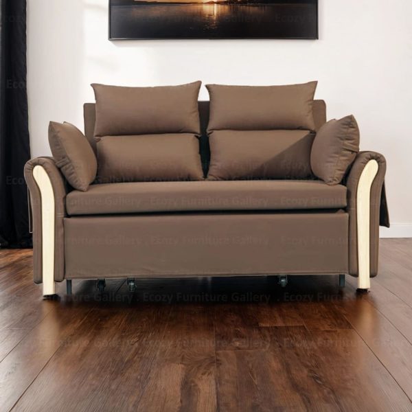 Brown color sofa bed with the wooden framing, and roller for easy converts into a spacious bed