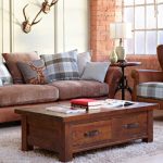 brown fabric sofa with coffee table