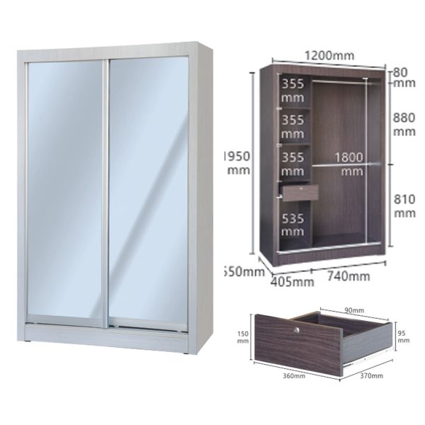 White tempered glass Sliding Door Wardrobe come with the hanging bars and small drawers with lock