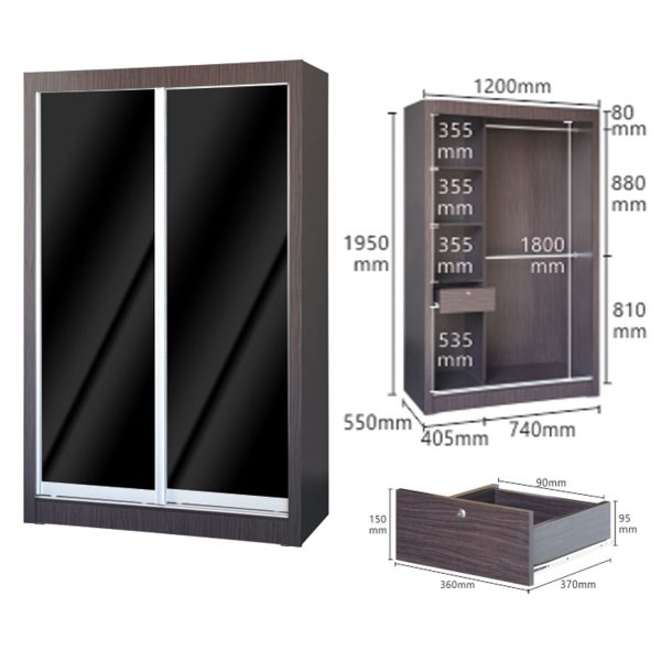 Black tempered glass Sliding Door Wardrobe come with the hanging bars and small drawers with lock