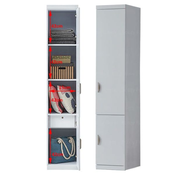 The internal compartment and dimension of white swing door wardrobe