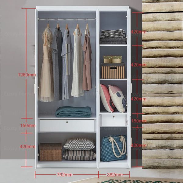 The internal compartment and dimension of white swing door wardrobe