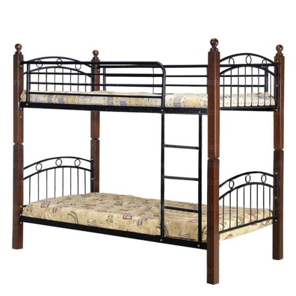 Double decker Bed with Walnut Tone Solid Rubber Wood Bed Post