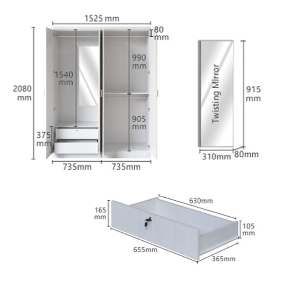 Swing door wardrobe come with the soft closing hinge, wider drawers and twisting mirror