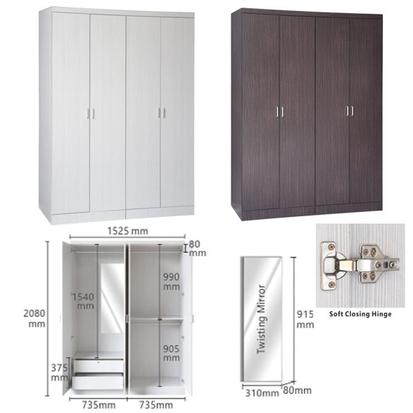 Swing door wardrobe come with the soft closing hinge and twisting mirror, it's available in white wash and walnut color selection