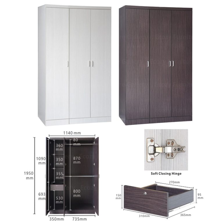 Swing door wardrobe come with the soft closing hinge and twisting mirror, it's available in white wash and walnut color selection