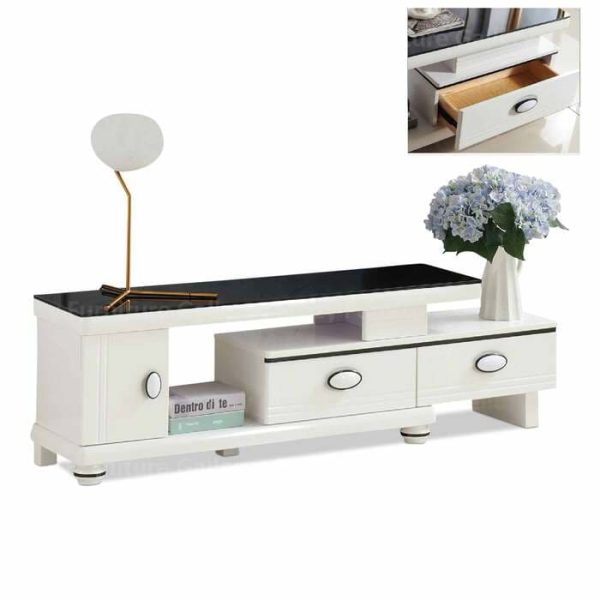 Extendable TV Console with Black Tempered Glass Top