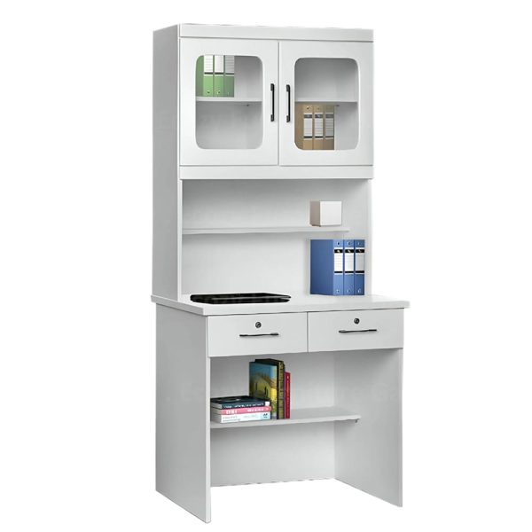 white study desk or computer table with top shelf