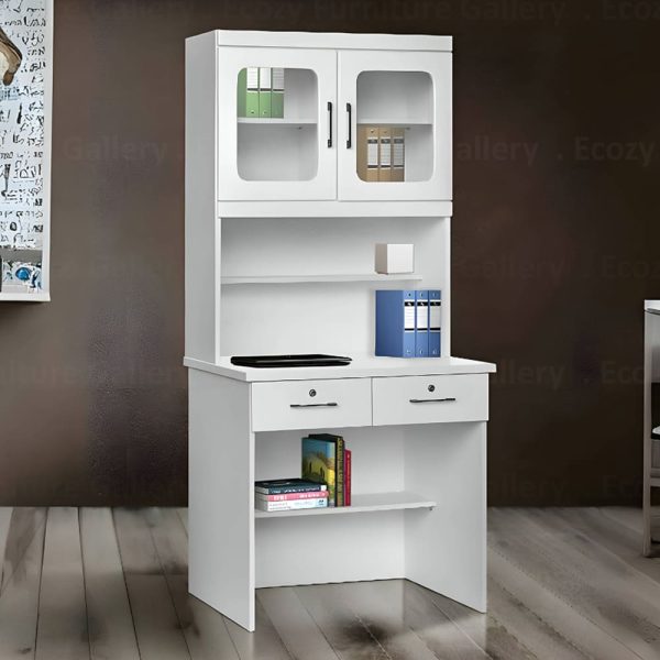 white study desk or computer table with top shelf