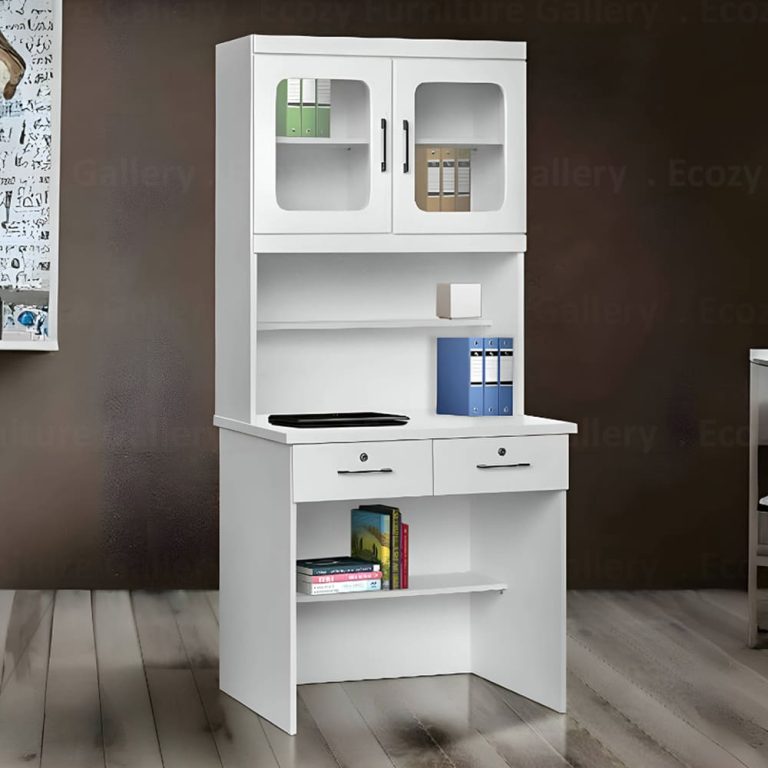 white study desk with top shelf