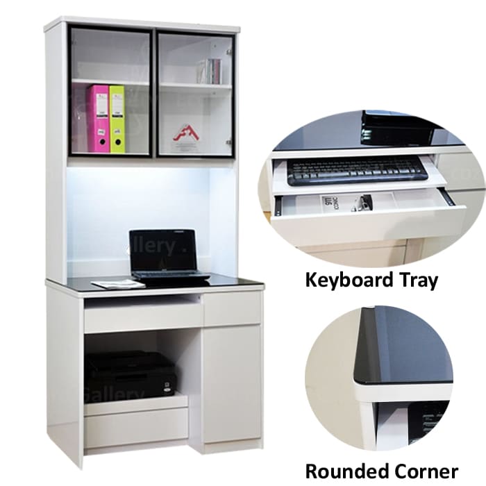 White Study desk come with black tempered glass top and keyboard tray