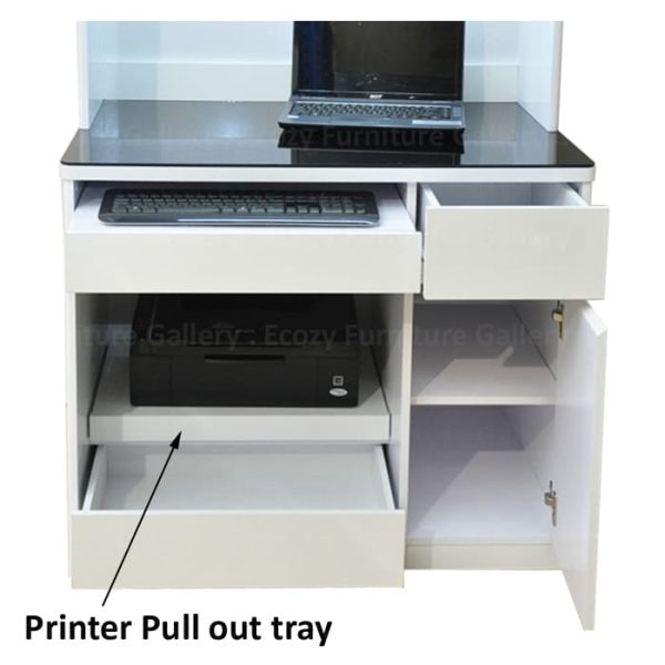 White study desk or computer table come with black tempered glass top and printer pull out tray