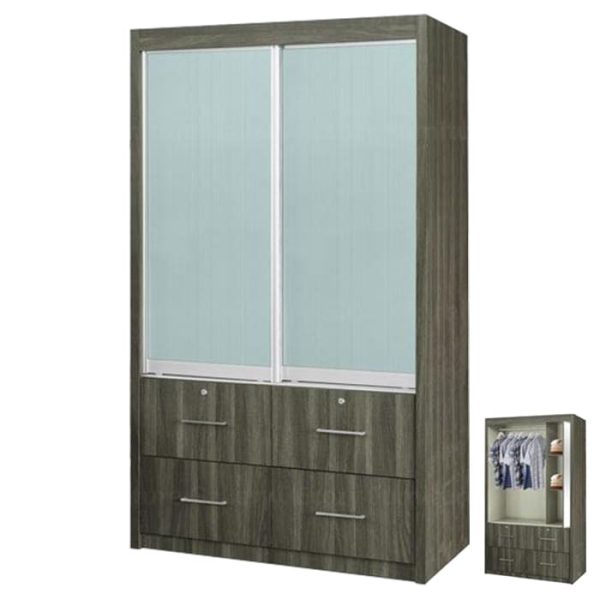 4FT Sliding Door Wardrobe in Grey color with White line Glass Door