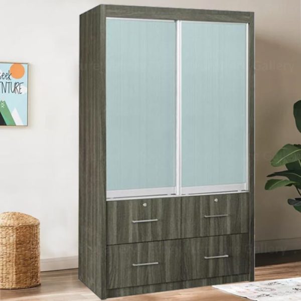 4FT Sliding Door Wardrobe in Grey color with White line Glass Door