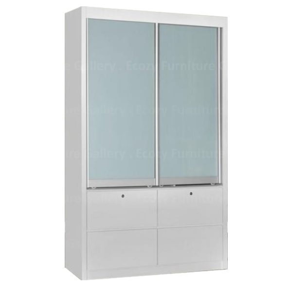 4FT Sliding Door Wardrobe in White color with White line Glass Door