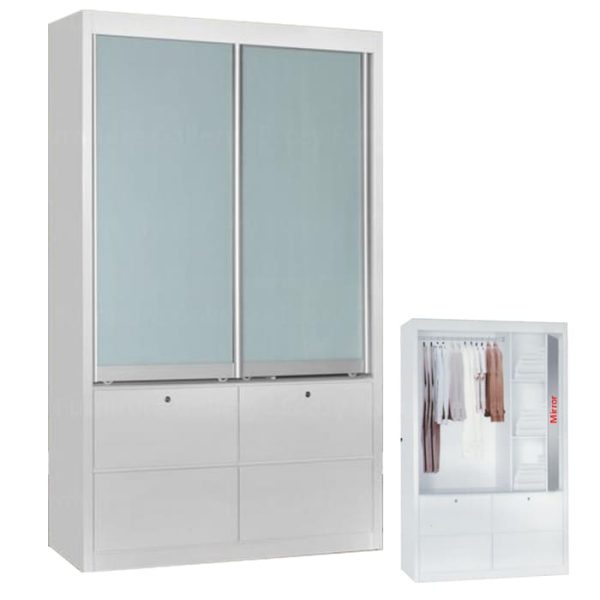 4FT Sliding Door Wardrobe in White color with White line Glass Door