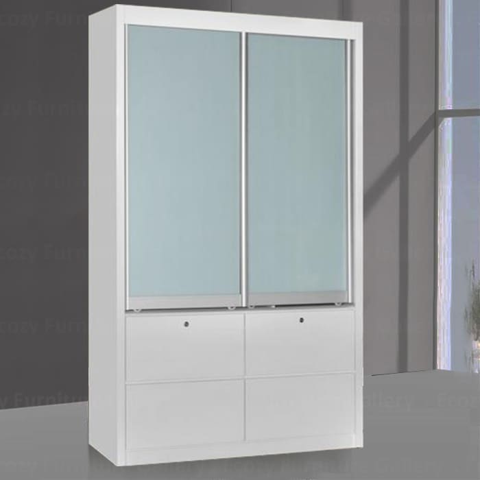 4FT Sliding Door Wardrobe in White color with White line Glass Door