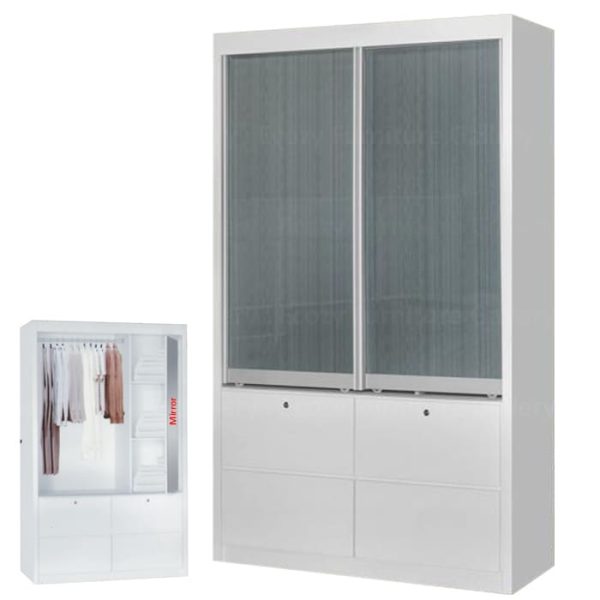 4FT Sliding Door Wardrobe in White color with Black line Glass Door