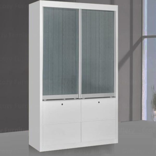 4FT Sliding Door Wardrobe in White color with Black line Glass Door