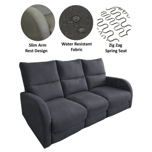 Grey Color 3 Seater Water Resistant Fabric Sofa witm Slim Arm Rest and High Back version