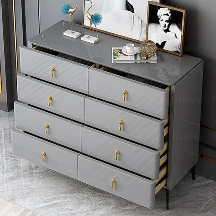 4-Tier grey chest of drawer with tempered glass table top surface