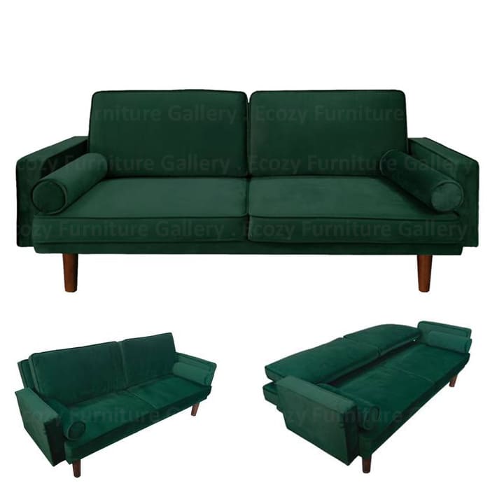 Green Color Velvet Sofa Bed with 2 side cushion